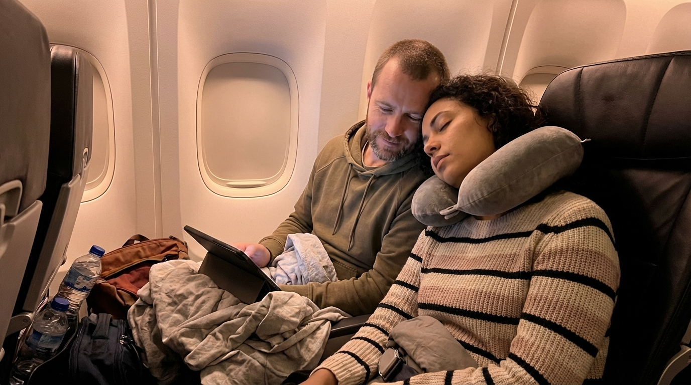 Traveller sleeping peacefully in economy airplane
