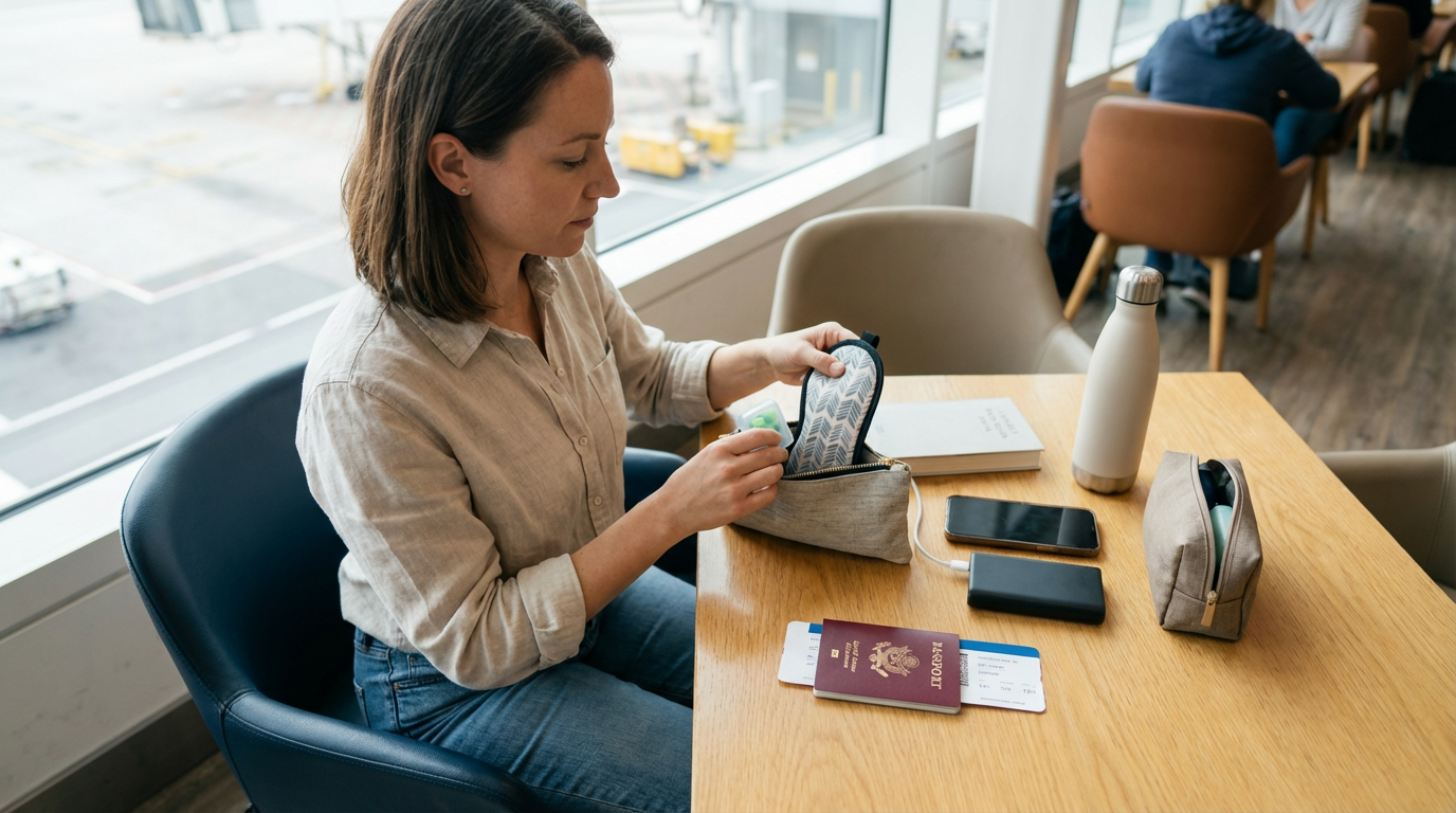 Solo Australian traveller (30–40) in airport lounge packing a small pouch with eye mask and earplugs, tidy flat lay vibe, realistic lighting, travel items neatly arranged.