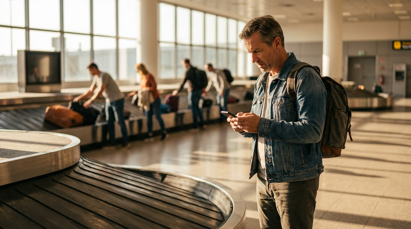 Traveller dealing with lost luggage at airport baggage claim