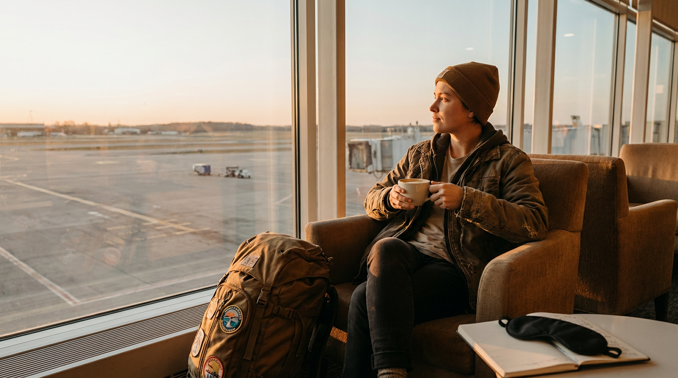 Traveller adjusting to new timezone at sunrise in airport, preparing for jet lag management
