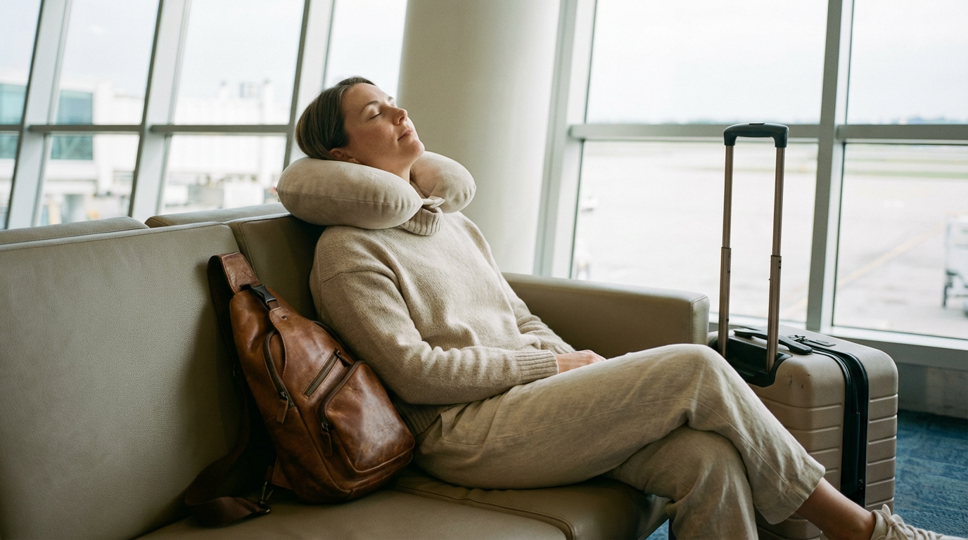 Traveller resting with neck pillow and sling bag before flight, Jurni