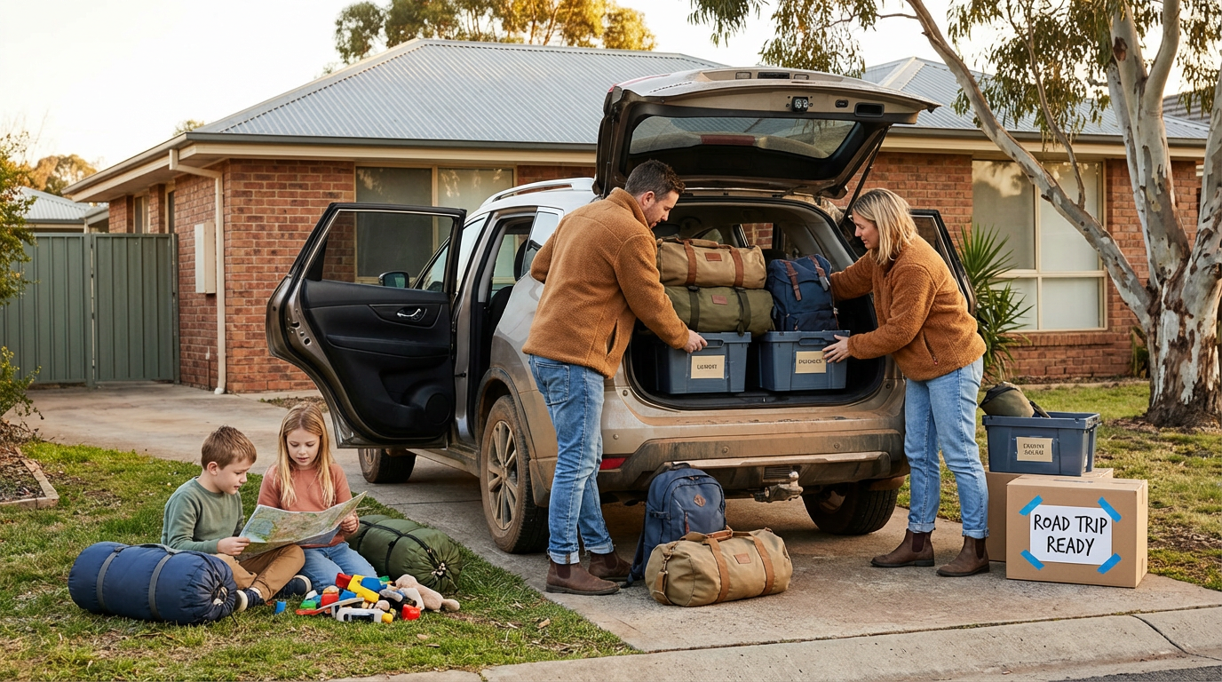 Family preparing for long road trip with organized travel gear and essentials