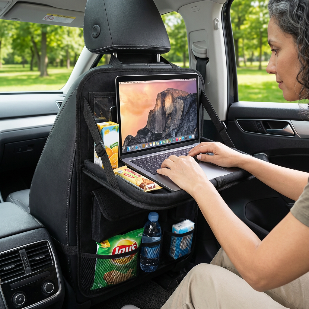 Car Seat Back Organiser With Foldable Tray Table - Jurni