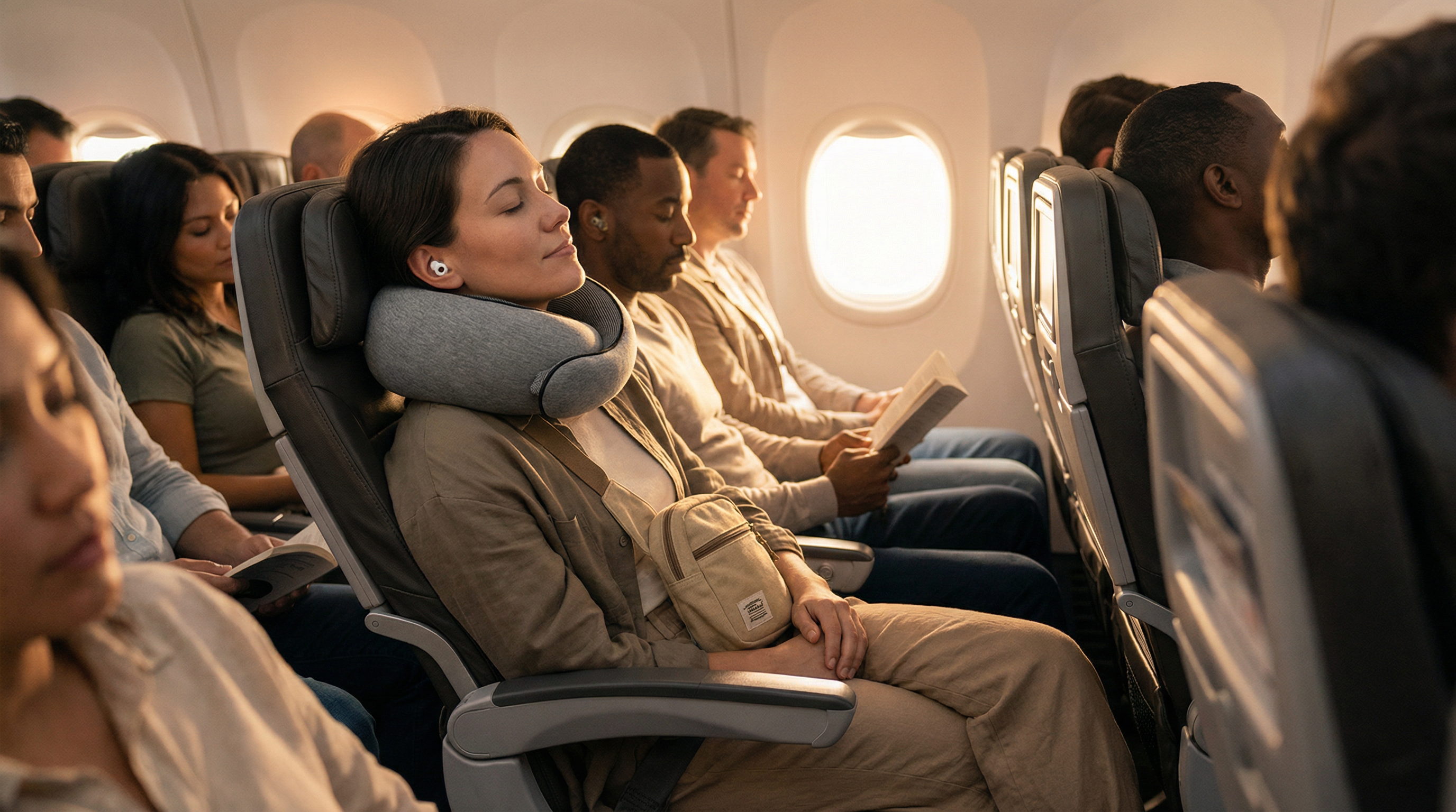 Woman wearing a grey memory foam travel neck pillow while resting comfortably on a long-haul flight