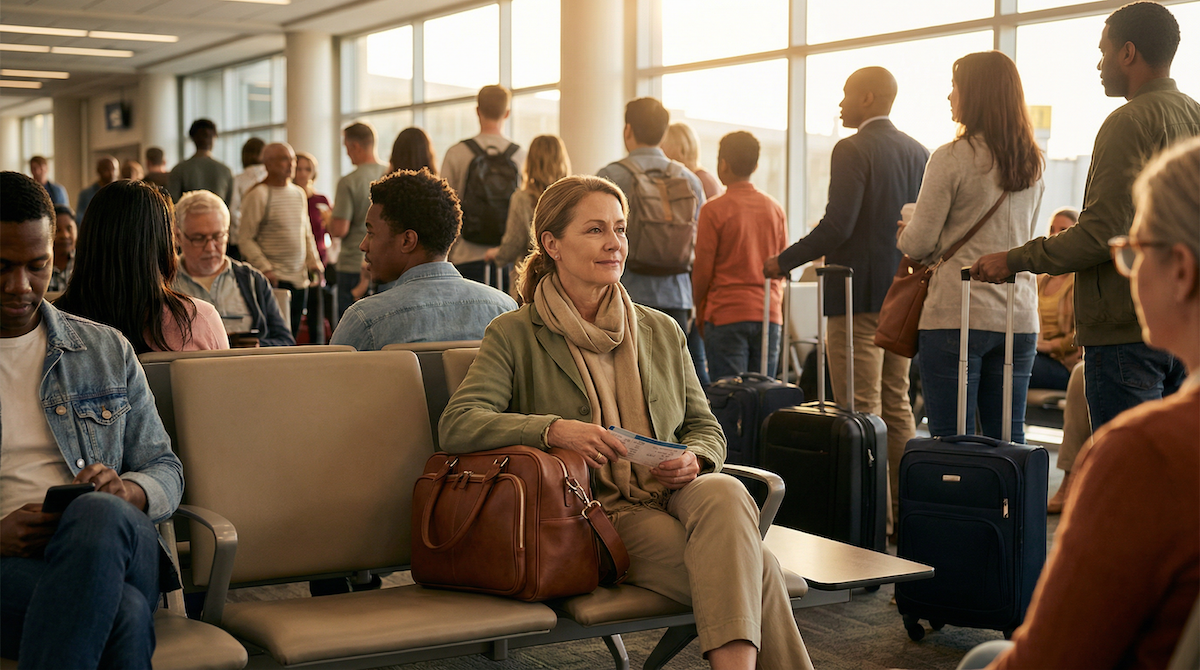 Woman waiting calmly in a busy airport departure lounge with organised travel bag and luggage, appearing relaxed and prepared